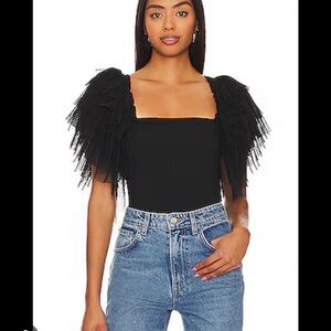 Free People Black Square Neck Bodysuit with Layered Tulle Puff Sleeves